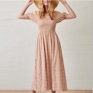 WVN Somerset Gingham 100% Organic Cotton Puff Sleeve Maxi Dress Peach White Med